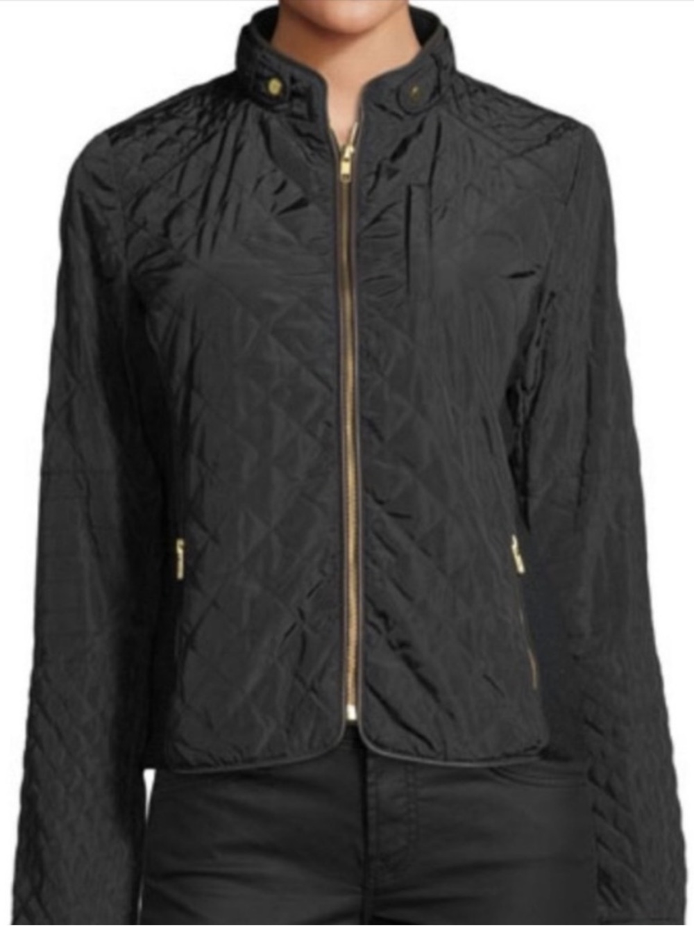 Tyler Boe Black Quilted Moto Jacket Coat Black Trim Gold Hardware Zip Front Sz S